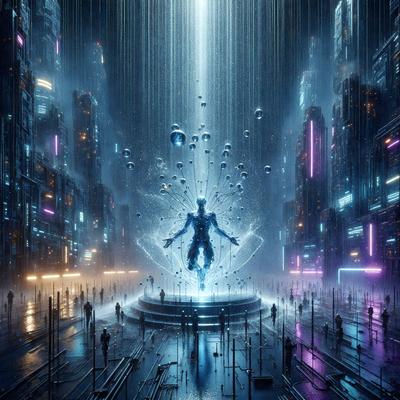 The primary subject of the image is a futuristic cityscape with a large, glowing, blue-lit figure in the center. The figure appears to be a person or an alien-like creature, surrounded by a group of people. The setting is a rainy city street, with the figure standing in the middle of the street. The visual style of the image is a combination of futuristic elements and a digital art approach. The colors and mood of the image are predominantly dark and moody, with the blue lighting adding a sense of mystery and intrigue to the scene.